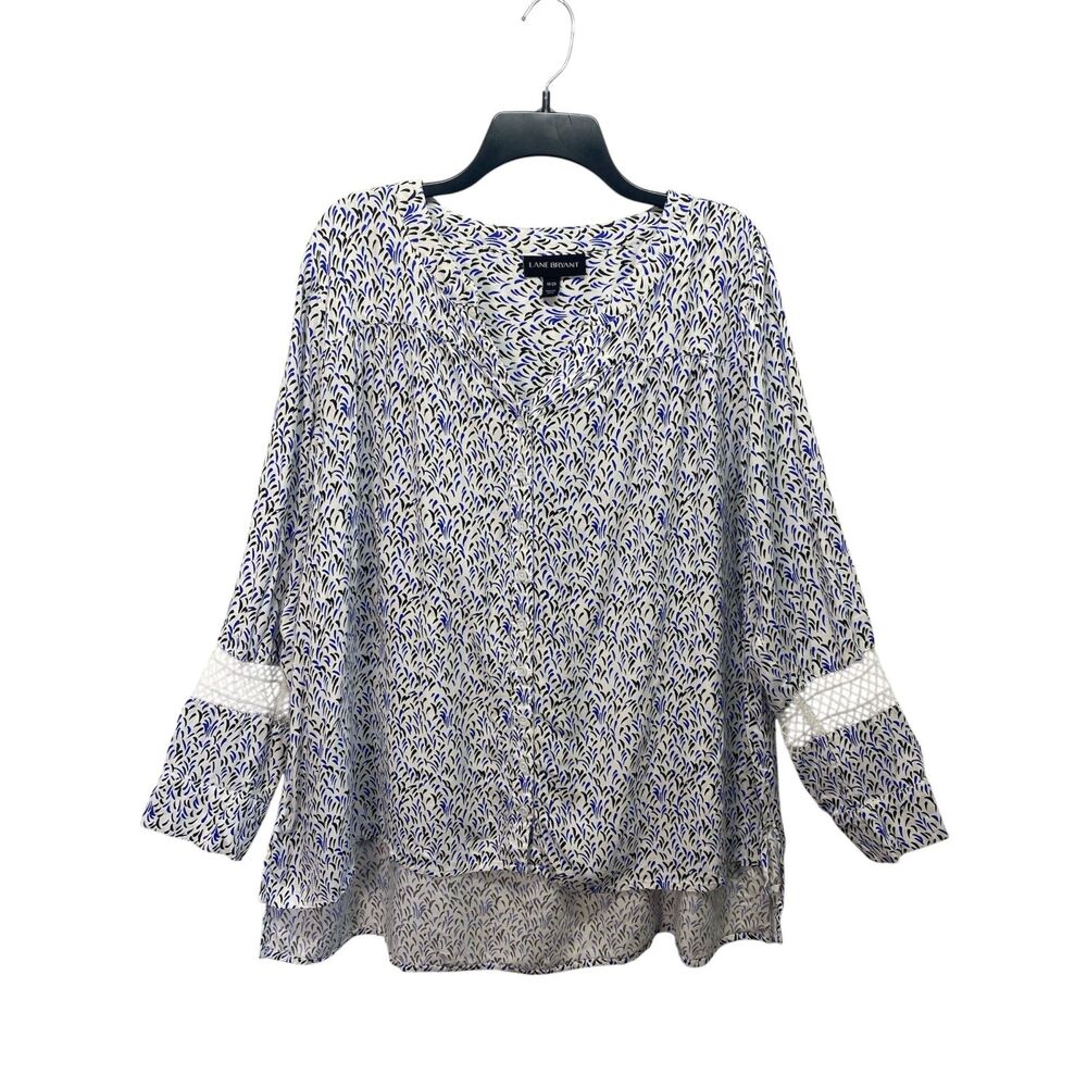 Lane Bryant Tunic Blouse Women's Size 18/20 White Blue V-Neck Geometric Casual